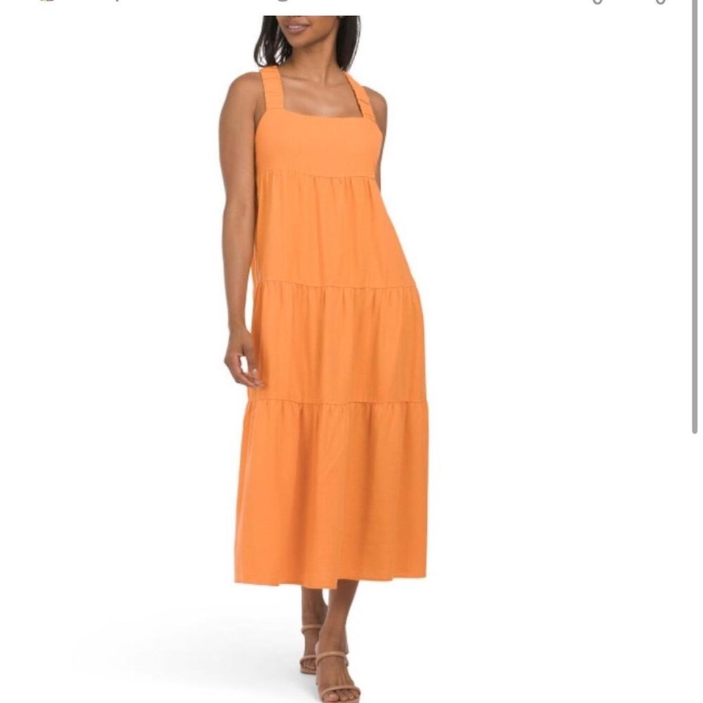 Hunter & Brown Sleeveless Orange Tiered Linen Blend Midi Dress
